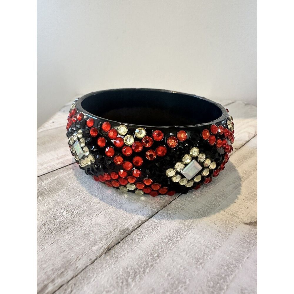 Vintage Chunky Black Red Rhinestone Studded All Around!  Lucite Resin.  Art Deco